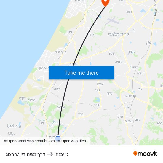 דרך משה דיין/הרצוג to גן יבנה map