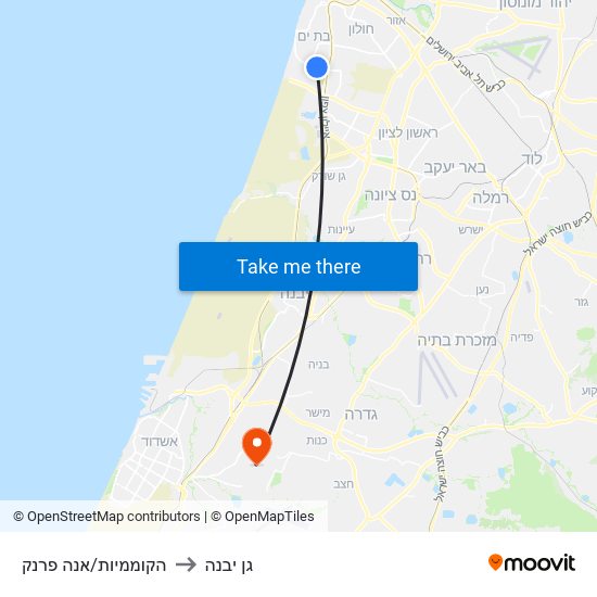 הקוממיות/אנה פרנק to גן יבנה map