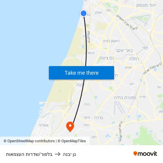 בלפור/שדרות העצמאות to גן יבנה map