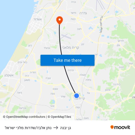 נתן אלבז/שדרות מלכי ישראל to גן יבנה map