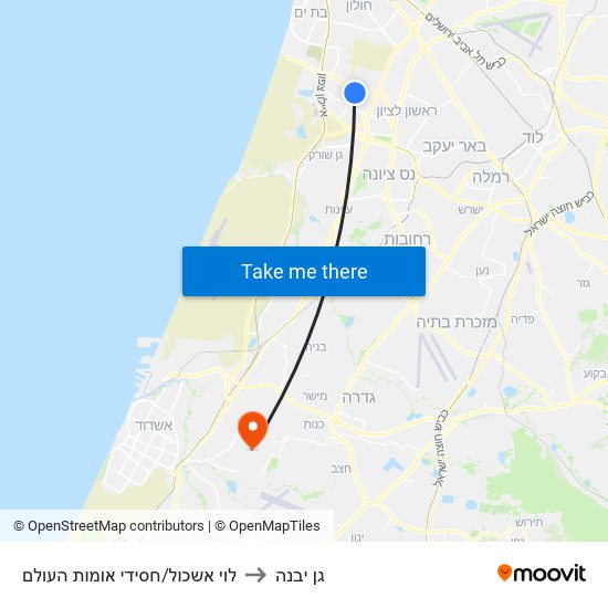 לוי אשכול/חסידי אומות העולם to גן יבנה map