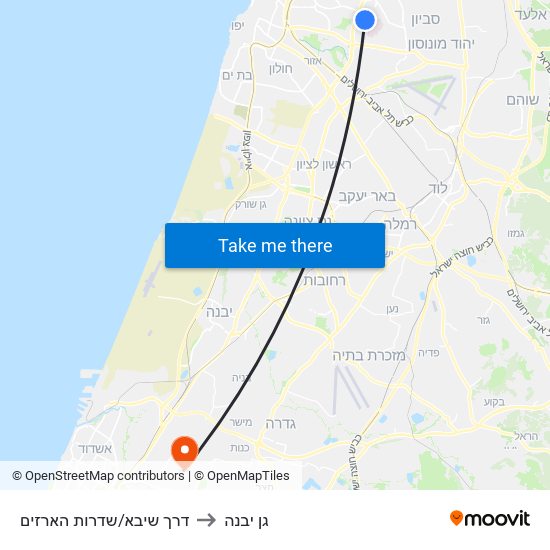 דרך שיבא/שדרות הארזים to גן יבנה map