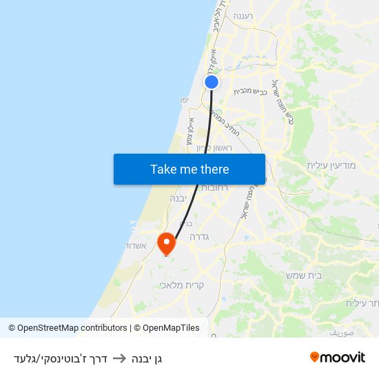 דרך ז'בוטינסקי/גלעד to גן יבנה map