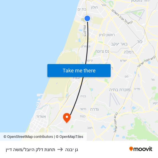 תחנת דלק היובל/משה דיין to גן יבנה map