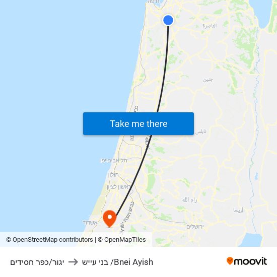 יגור/כפר חסידים to בני עייש /Bnei Ayish map