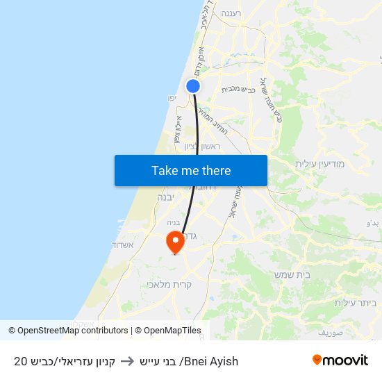 קניון עזריאלי/כביש 20 to בני עייש /Bnei Ayish map