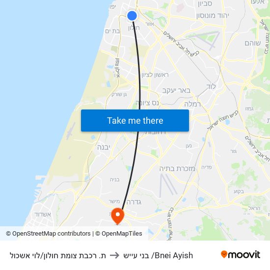 ת. רכבת צומת חולון/לוי אשכול to בני עייש /Bnei Ayish map