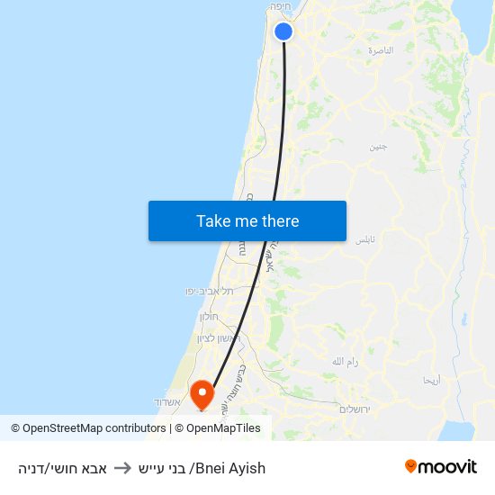 אבא חושי/דניה to בני עייש /Bnei Ayish map