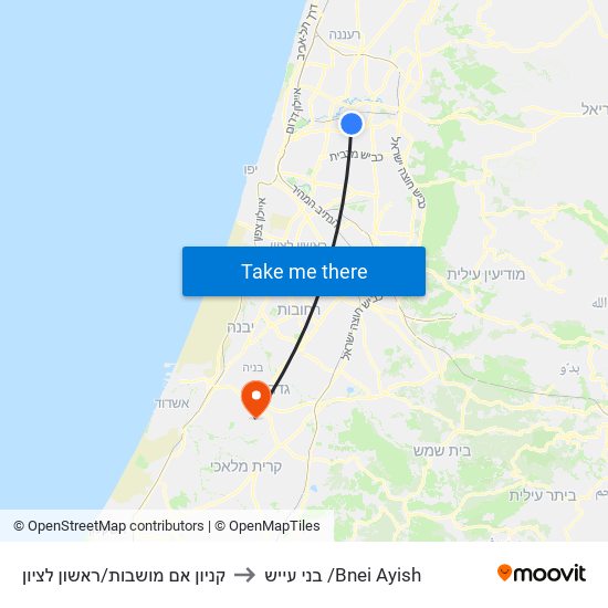 קניון אם מושבות/ראשון לציון to בני עייש /Bnei Ayish map