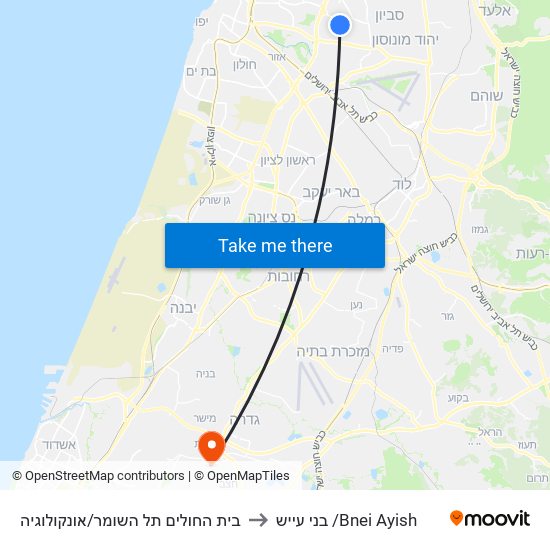 בית החולים תל השומר/אונקולוגיה to בני עייש /Bnei Ayish map