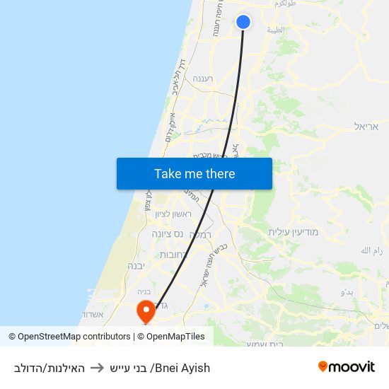 האילנות/הדולב to בני עייש /Bnei Ayish map