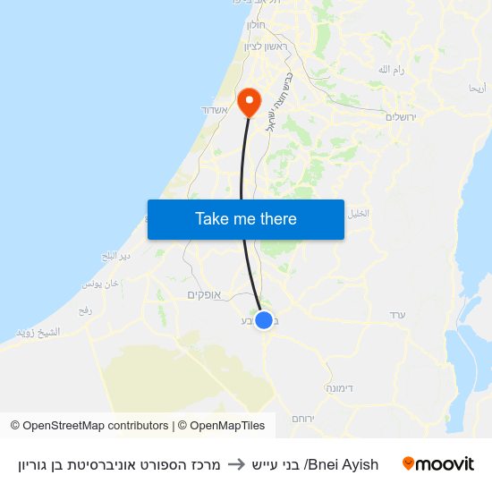 מרכז הספורט אוניברסיטת בן גוריון to בני עייש /Bnei Ayish map
