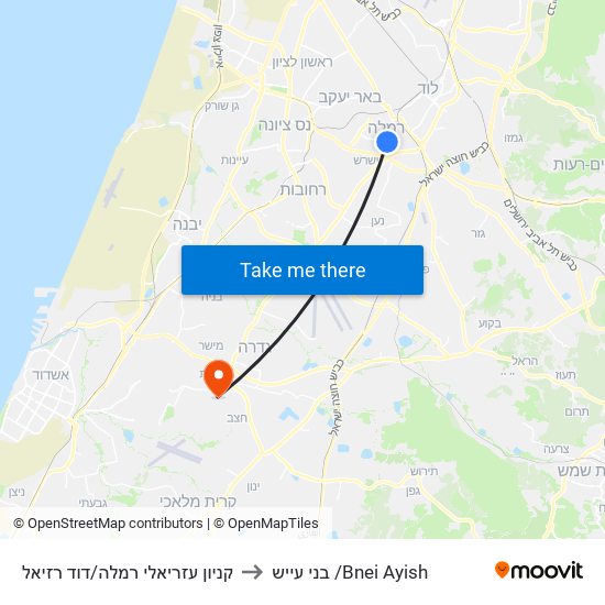 קניון עזריאלי רמלה/דוד רזיאל to בני עייש /Bnei Ayish map
