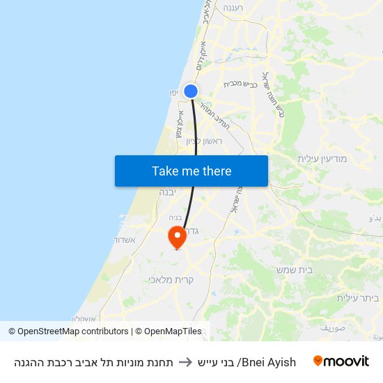 תחנת מוניות תל אביב רכבת ההגנה to בני עייש /Bnei Ayish map