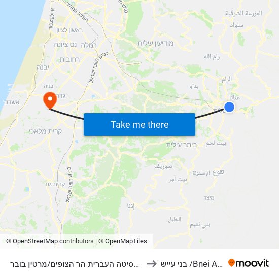 האוניברסיטה העברית הר הצופים/מרטין בובר to בני עייש /Bnei Ayish map