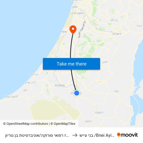 מרכז רפואי סורוקה/אוניברסיטת בן גוריון to בני עייש /Bnei Ayish map