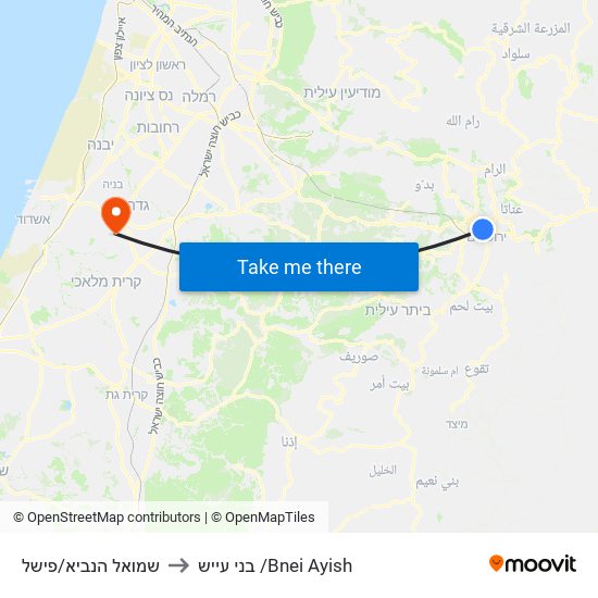 שמואל הנביא/פישל to בני עייש /Bnei Ayish map
