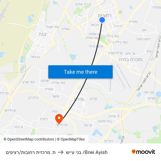 ת. מרכזית רחובות/רציפים to בני עייש /Bnei Ayish map