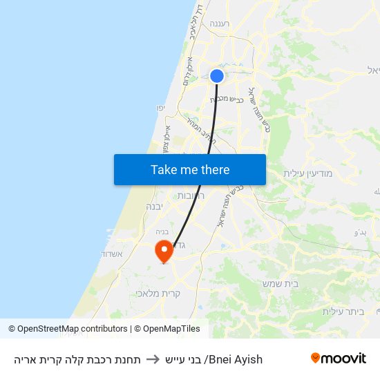 תחנת רכבת קלה קרית אריה to בני עייש /Bnei Ayish map