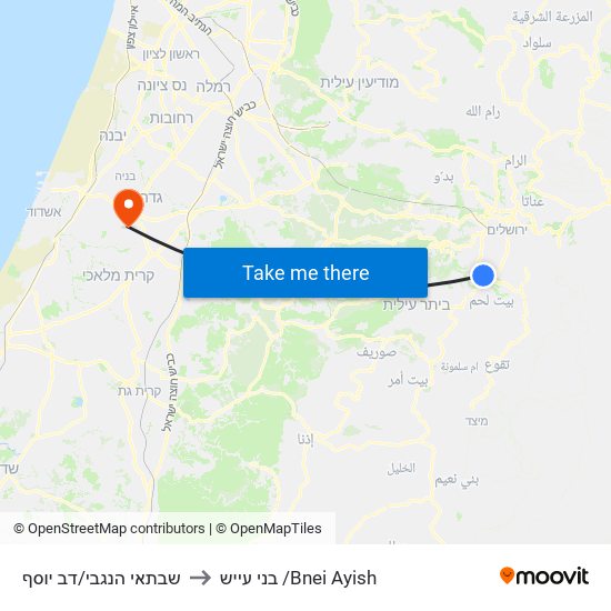 שבתאי הנגבי/דב יוסף to בני עייש /Bnei Ayish map