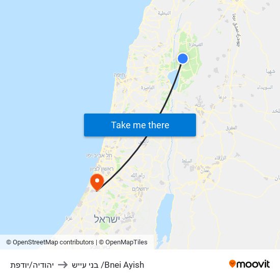 יהודיה/יודפת to בני עייש /Bnei Ayish map