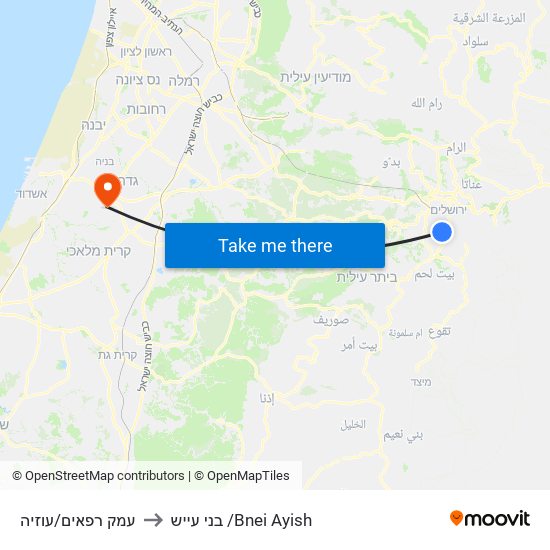 עמק רפאים/עוזיה to בני עייש /Bnei Ayish map