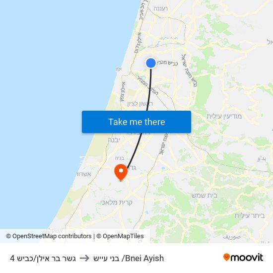 גשר בר אילן/כביש 4 to בני עייש /Bnei Ayish map