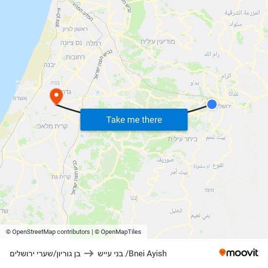 בן גוריון/שערי ירושלים to בני עייש /Bnei Ayish map