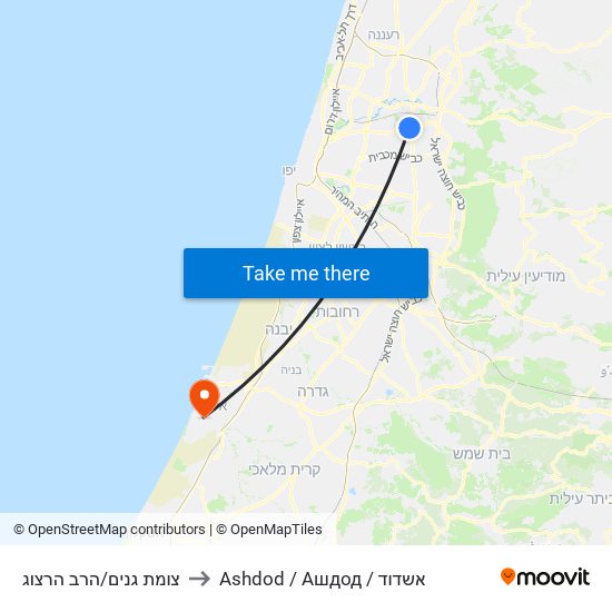 צומת גנים/הרב הרצוג to Ashdod / Ашдод / אשדוד map