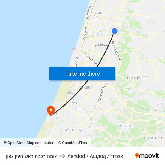 צומת רכבת ראש העין צפון to Ashdod / Ашдод / אשדוד map
