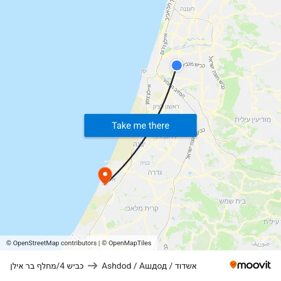 כביש 4/מחלף בר אילן to Ashdod / Ашдод / אשדוד map