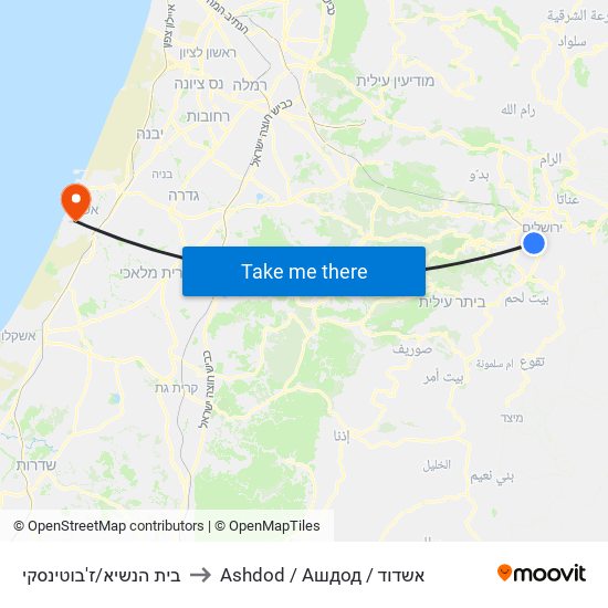 בית הנשיא/ז'בוטינסקי to Ashdod / Ашдод / אשדוד map