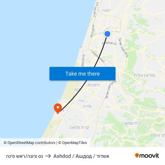 נס ציונה/ראש פינה to Ashdod / Ашдод / אשדוד map