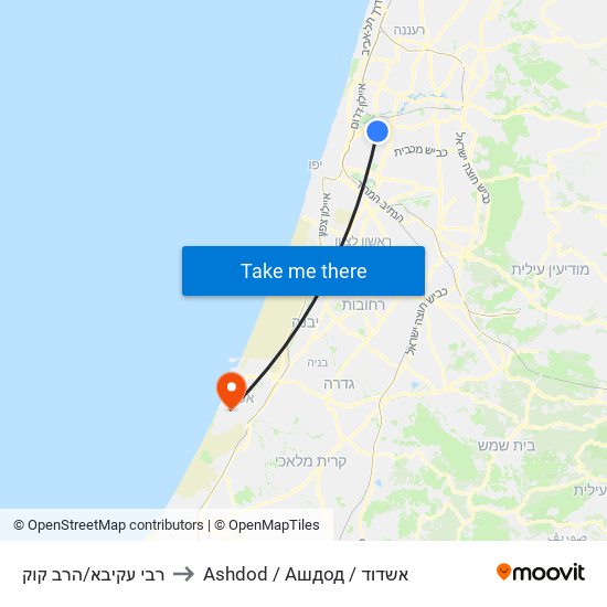 רבי עקיבא/הרב קוק to Ashdod / Ашдод / אשדוד map