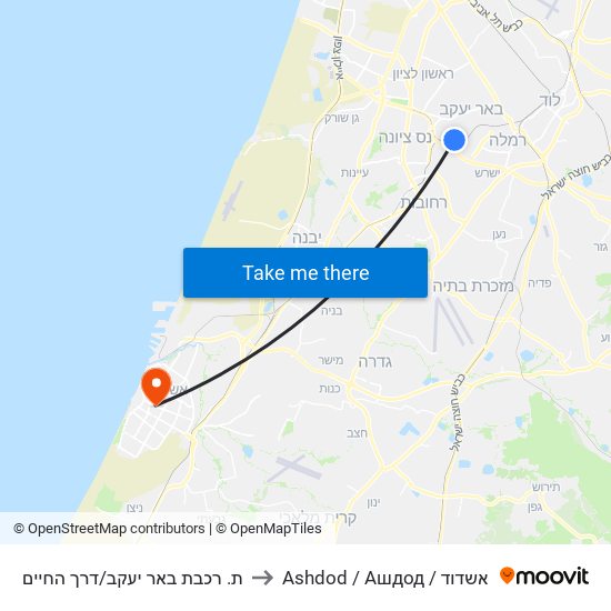 ת. רכבת באר יעקב/דרך החיים to Ashdod / Ашдод / אשדוד map