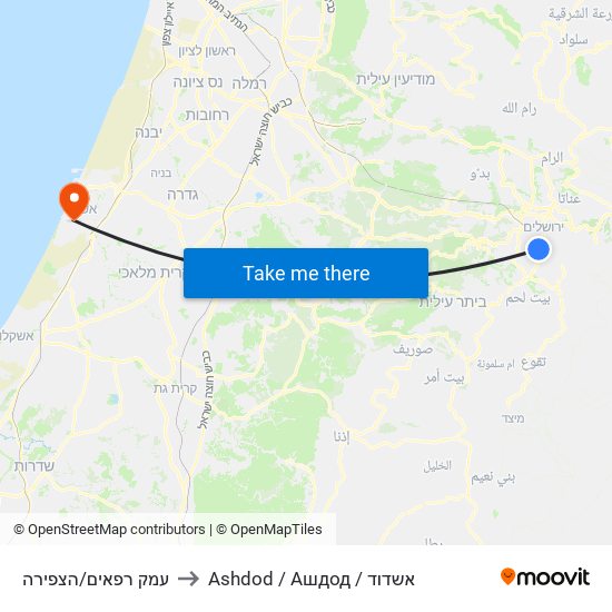 עמק רפאים/הצפירה to Ashdod / Ашдод / אשדוד map