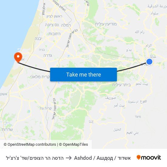 הדסה הר הצופים/שד' צ'רצ'יל to Ashdod / Ашдод / אשדוד map