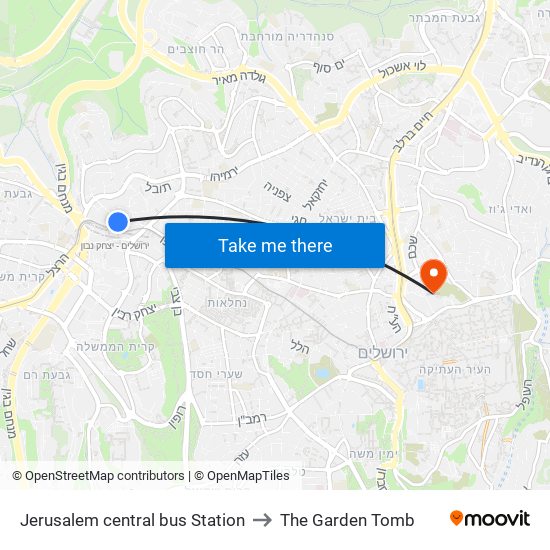 Jerusalem central bus Station to The Garden Tomb map