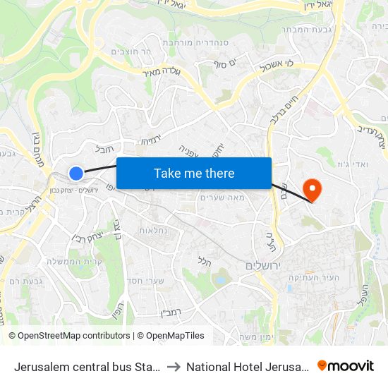 Jerusalem central bus Station to National Hotel Jerusalem map