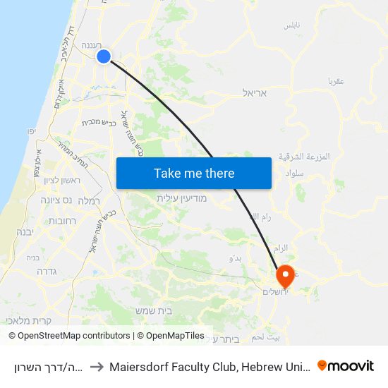 מסוף רעננה/דרך השרון to Maiersdorf  Faculty Club,  Hebrew University,  Mount Scopus map