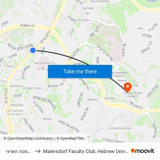 כביש 1/המטה הארצי to Maiersdorf  Faculty Club,  Hebrew University,  Mount Scopus map