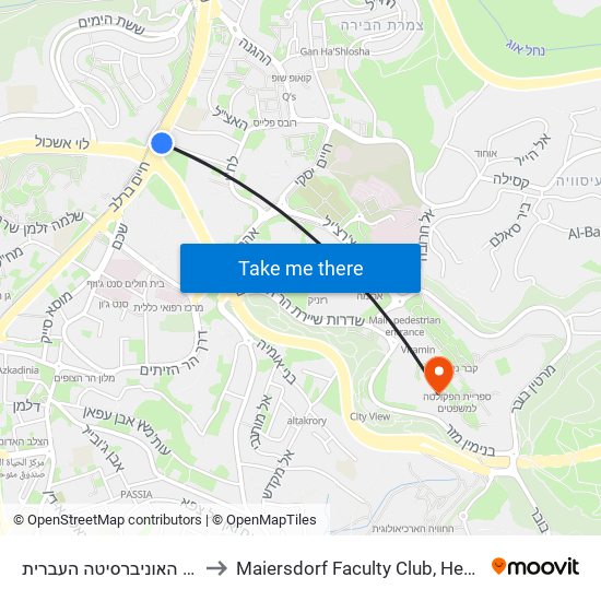שדרות חיים ברלב/שדרות האוניברסיטה העברית to Maiersdorf  Faculty Club,  Hebrew University,  Mount Scopus map