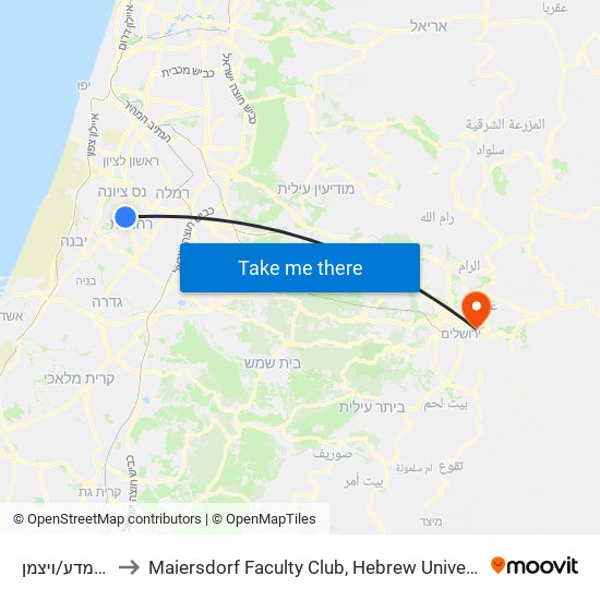 פארק המדע/ויצמן to Maiersdorf  Faculty Club,  Hebrew University,  Mount Scopus map