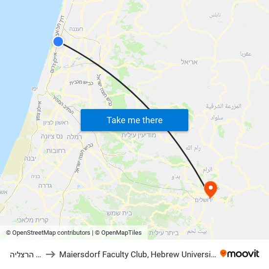 רכבת הרצליה to Maiersdorf  Faculty Club,  Hebrew University,  Mount Scopus map