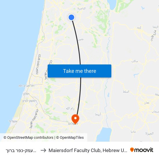רכבת מגדל העמק-כפר ברוך to Maiersdorf  Faculty Club,  Hebrew University,  Mount Scopus map