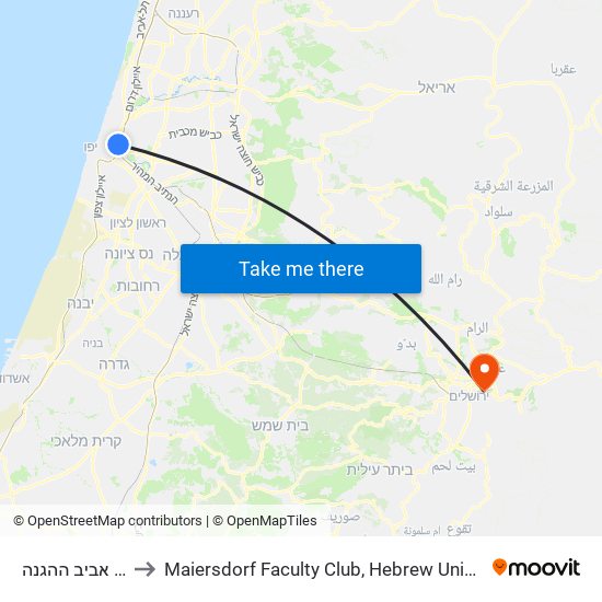 רכבת תל אביב ההגנה to Maiersdorf  Faculty Club,  Hebrew University,  Mount Scopus map