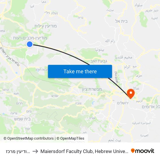 רכבת מודיעין מרכז to Maiersdorf  Faculty Club,  Hebrew University,  Mount Scopus map