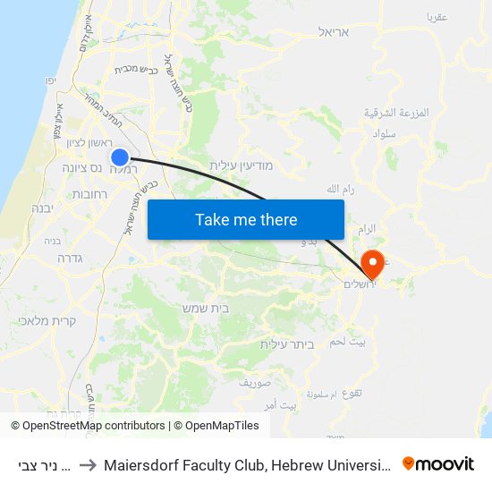 צומת ניר צבי to Maiersdorf  Faculty Club,  Hebrew University,  Mount Scopus map