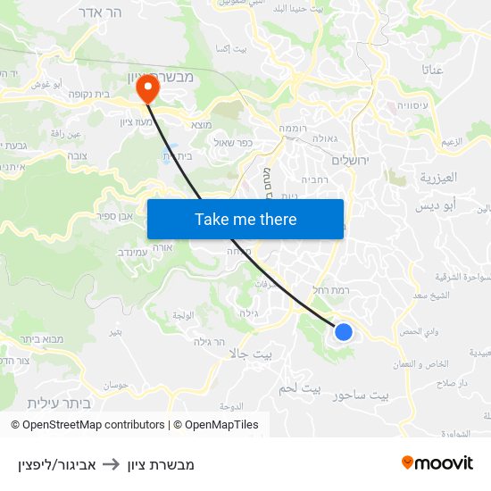 אביגור/ליפצין to מבשרת ציון map