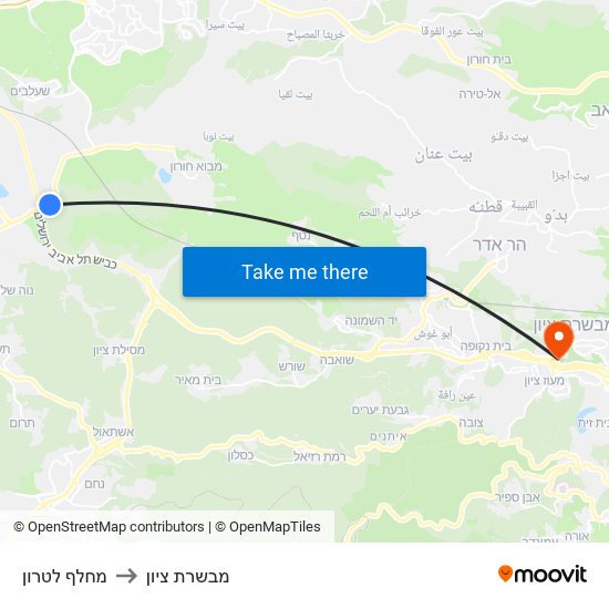 מחלף לטרון to מבשרת ציון map